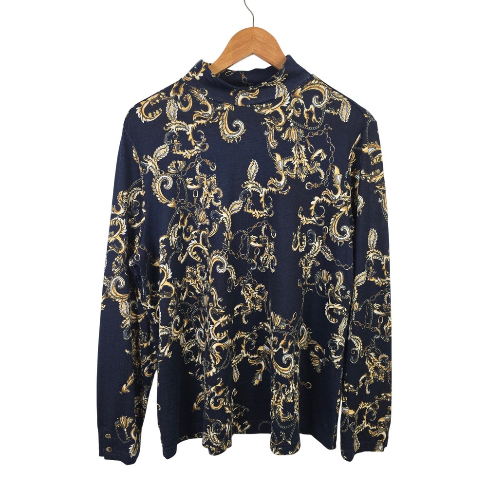 Chicos Navy Blue Gold Baroque Chain Print Mock Neck Top Size 3 XL Long Sleeve